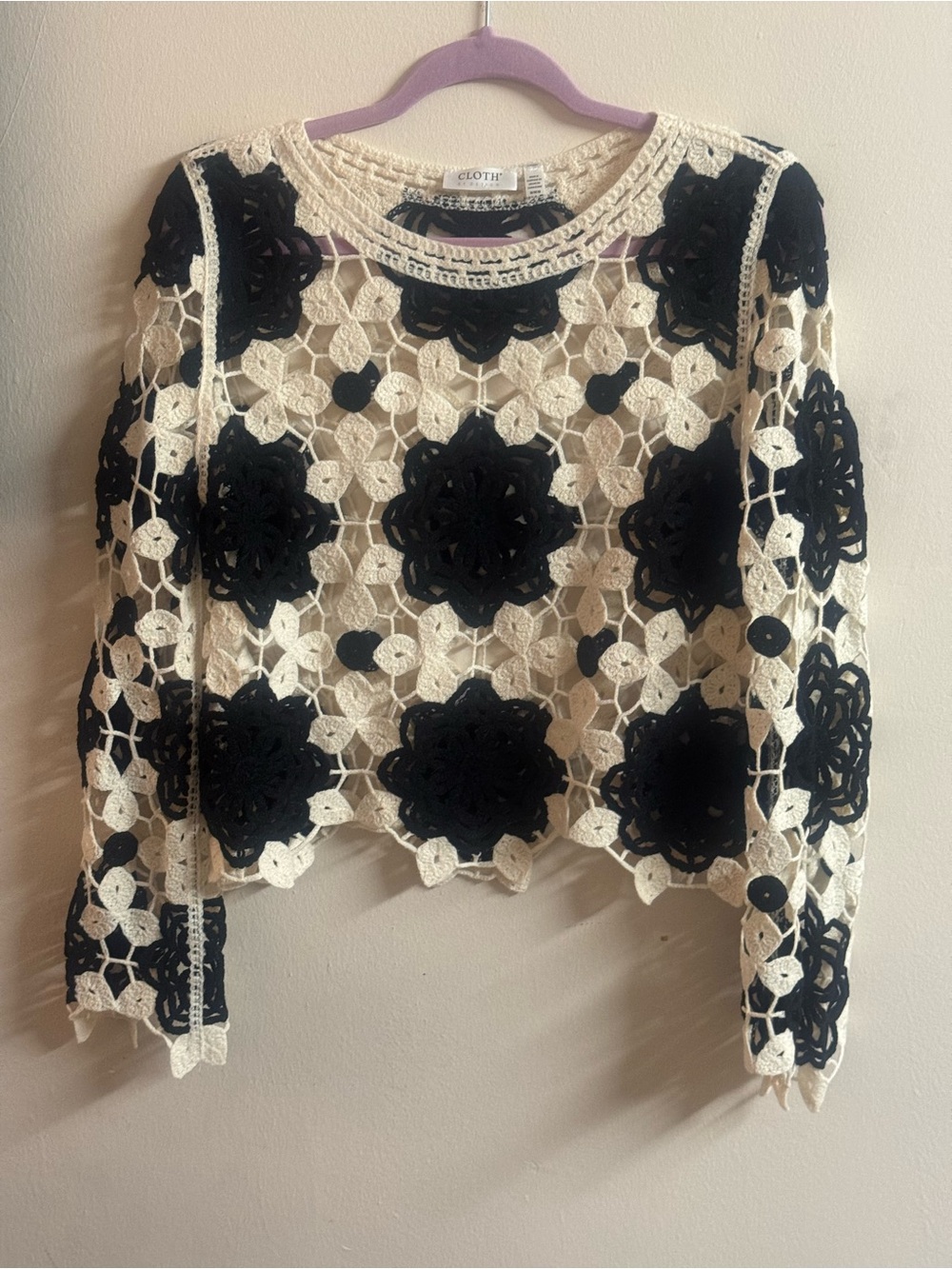 Black & White Crochet Floral Crop Sweater